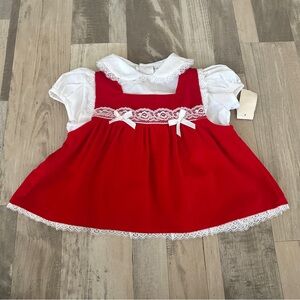 Vintage Deadstock Red Velvet Baby Dress Peter Pan Collar 18M